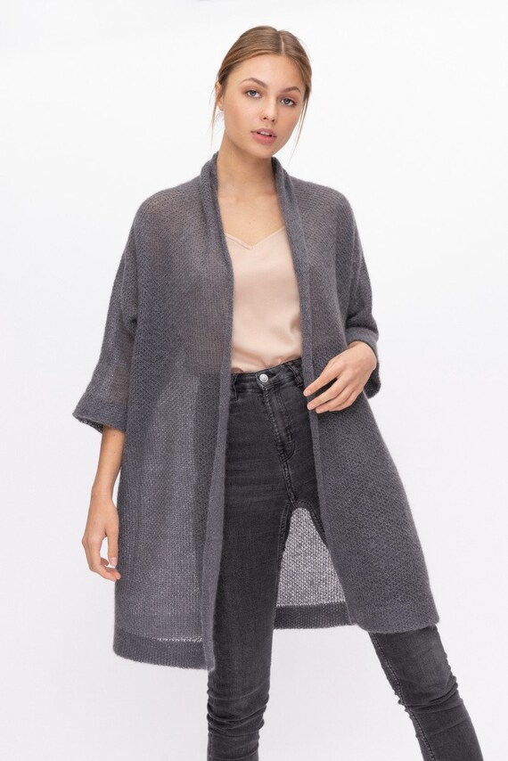 WoolHouseESHOP Soft Mohair Wool Cardigan, Lightweight Summer Cardigan Maine / Natural Gray