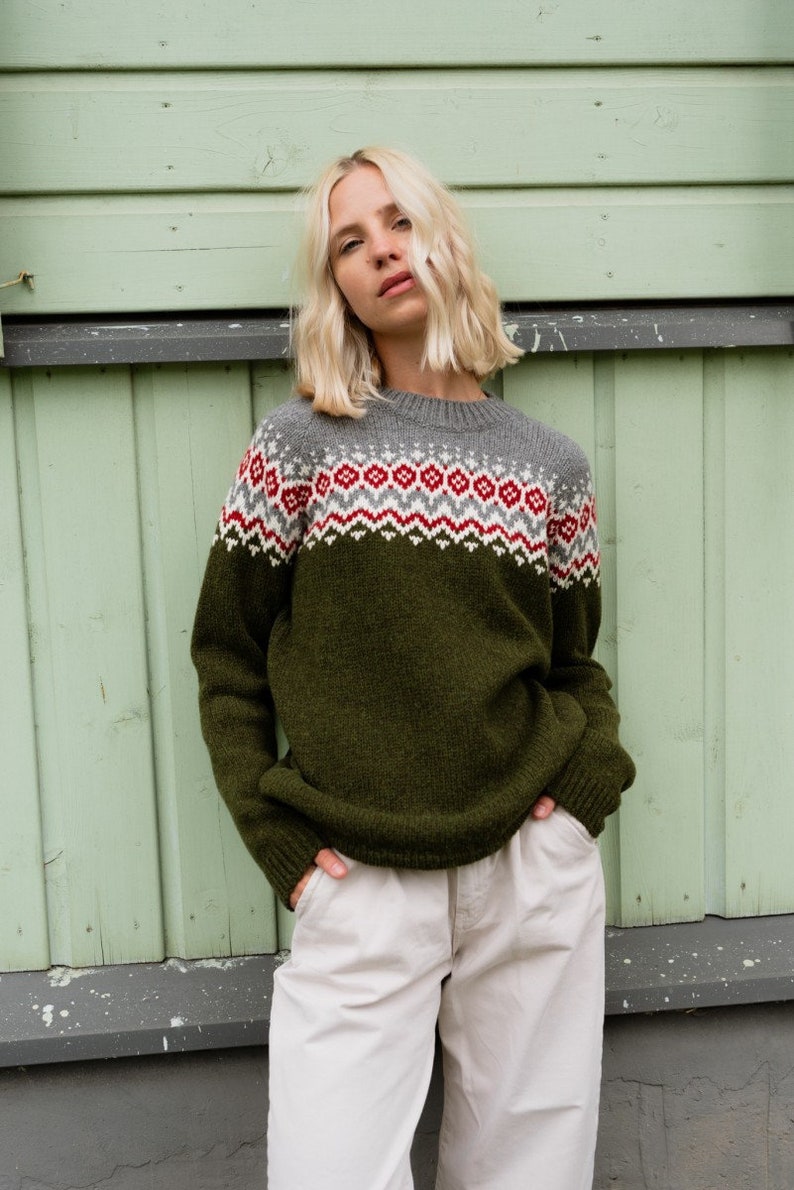 Simple Womens Green Pullover Knitted Woolen Sweater in Scandi Style TORI Nordic Merino Wool Jumper