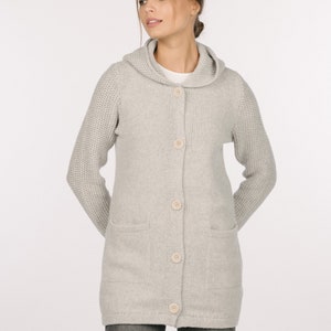 Oversized Knitted Merino Coat, Vintage Style Women's Cardigan With Hood, Honeycomb Sleeves and Pockets AMELIA Light melange