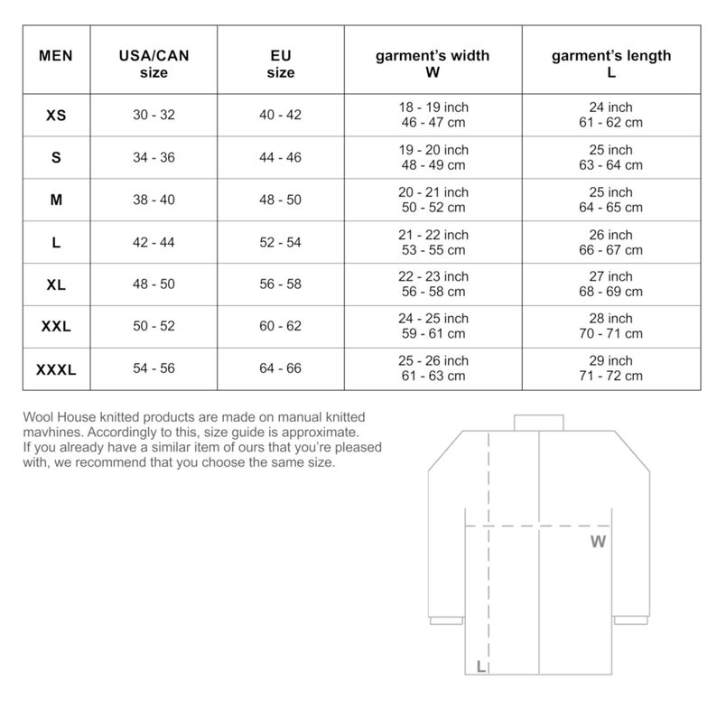 May include: Size chart for knit garments with measurements in inches and centimeters. The chart shows sizes for men's clothing in XS, S, M, L, XL, XXL, and XXXL. The chart also shows the corresponding EU sizes and the garment's width and length in inches and centimeters.