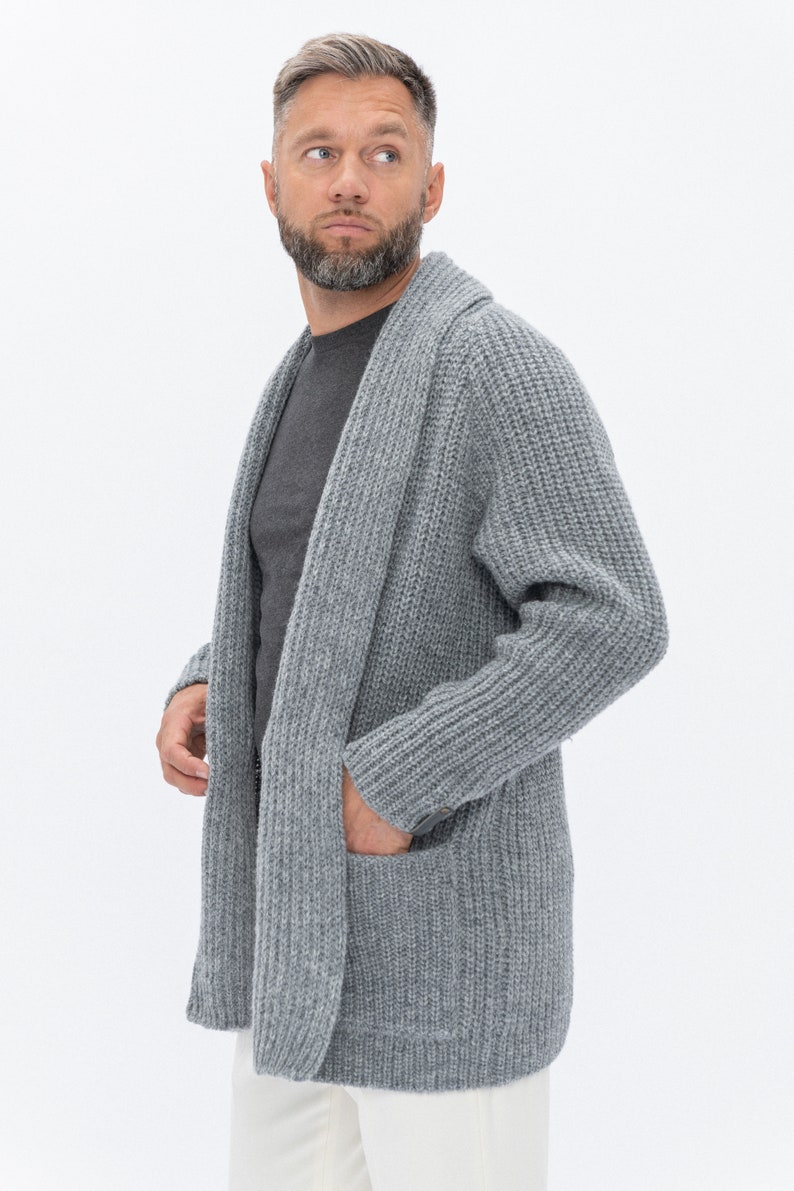 Soft Merino Wool Men's Cardigan, Hand Knitted Woolen Sweater, Open Front Cardigan for Man in Light Melange BENJAMIN natural gray