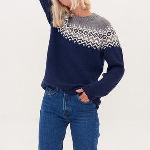 May include: A navy blue sweater with a grey and white geometric pattern on the neckline. The sweater is made of a soft, knitted fabric.