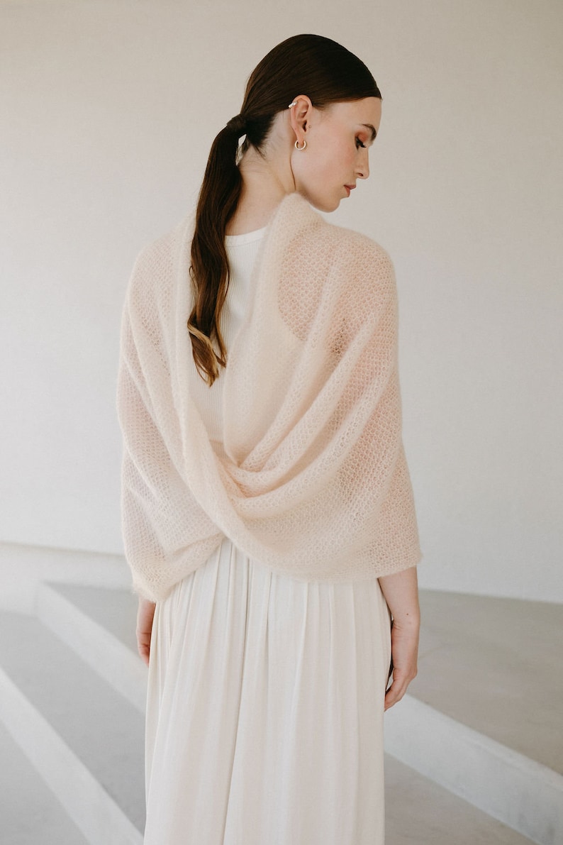 Modern Bridal Shawl, White Infinity Mohair Cape, Bridal Mohair Cover up, Elegant wedding knitted Shrug/ MAGNOLIA Sand