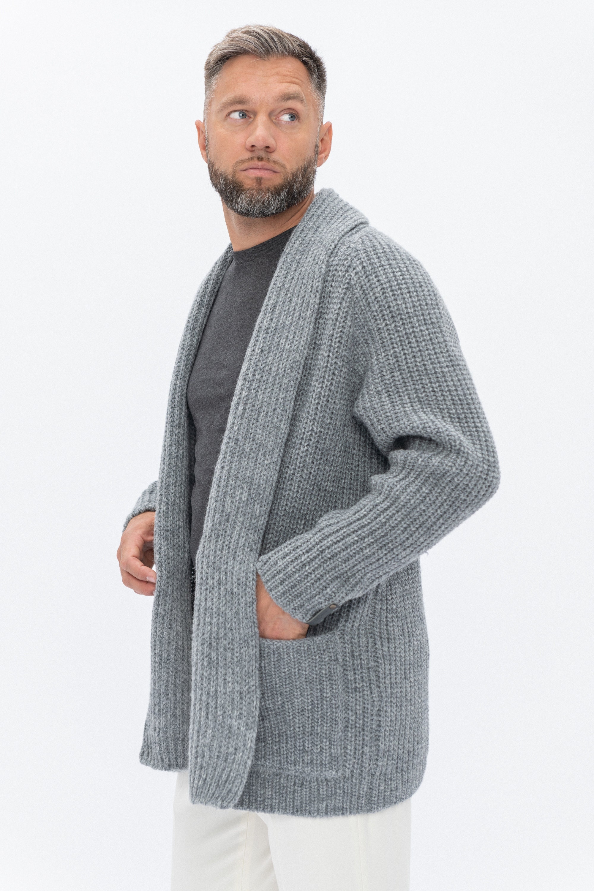 Merino Wool Natural Gray Cardigan for Men, Scandinavian Style Mens Sweater,  Knitted Cardigan With Pockets BENJAMIN 