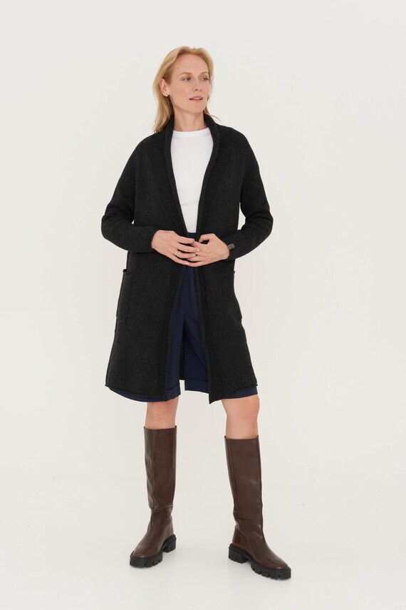 Black Wool Cardigan Long Women's Coat 