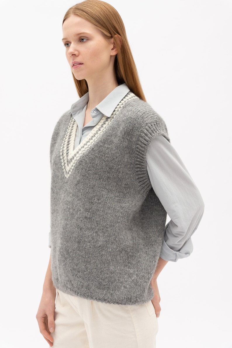 Merino Wool Women's Vest, Hand Knitted Minimalist Vest, Knit Gray Vintage Woolen Vest, Soft Merino Knit Vest VAIVA image 7