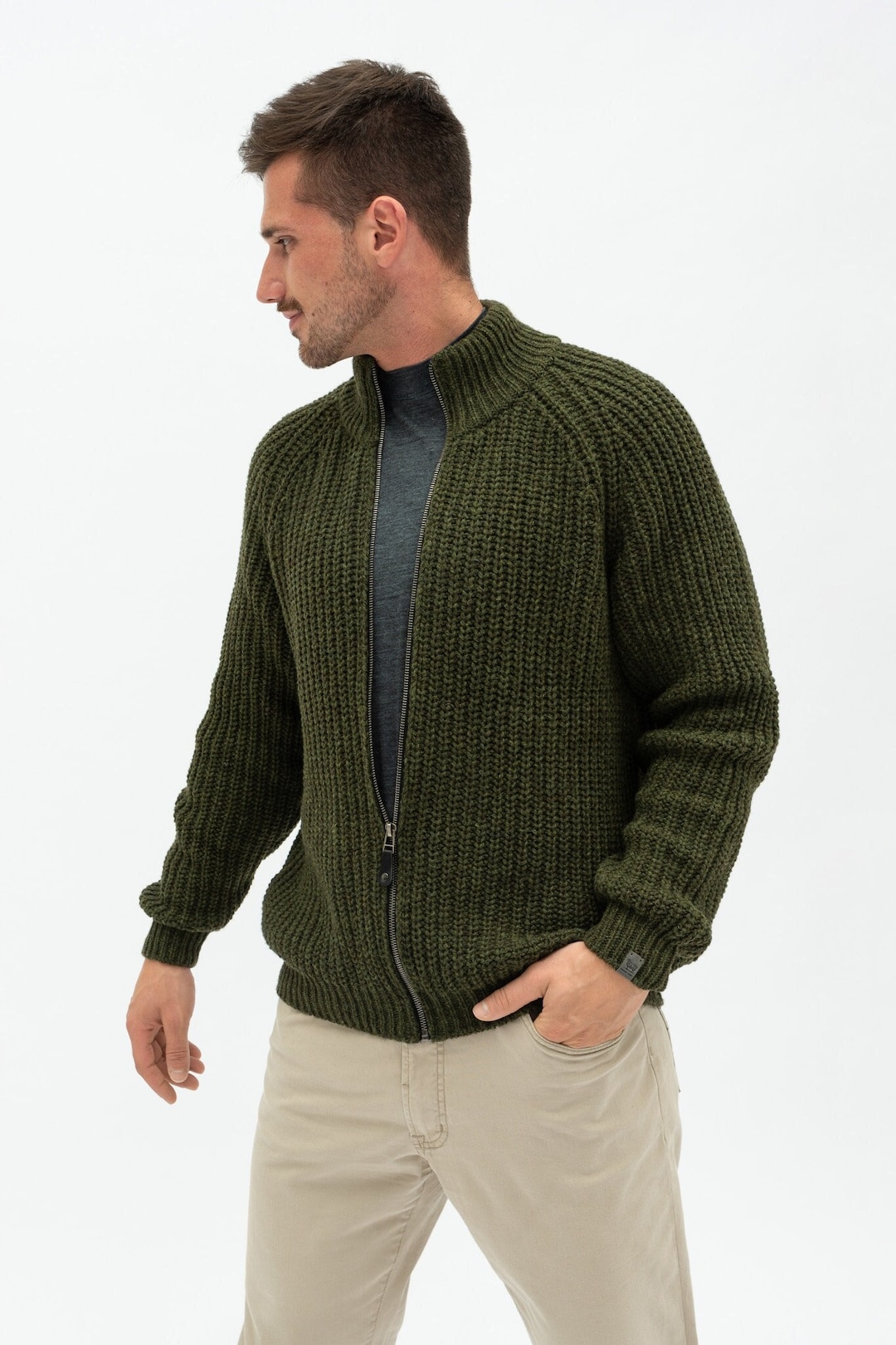 Warm Merino Wool Jumper, Men's Sweater With Zip, Minimalist Khaki ...