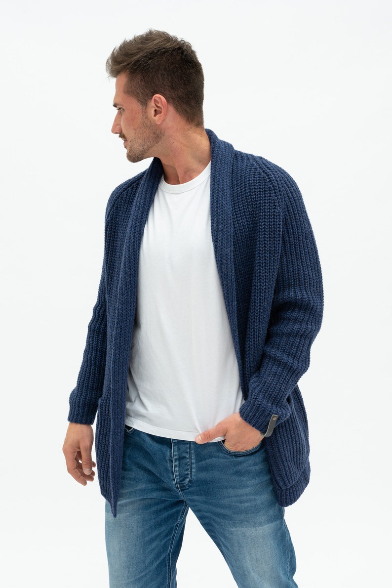 Handmade Cardigan for Men, Dark Gray Color Open Front Sweater in Scandinavian Style, Pure Merino Wool Cardigan for Dad BENJAMIN Denim blue