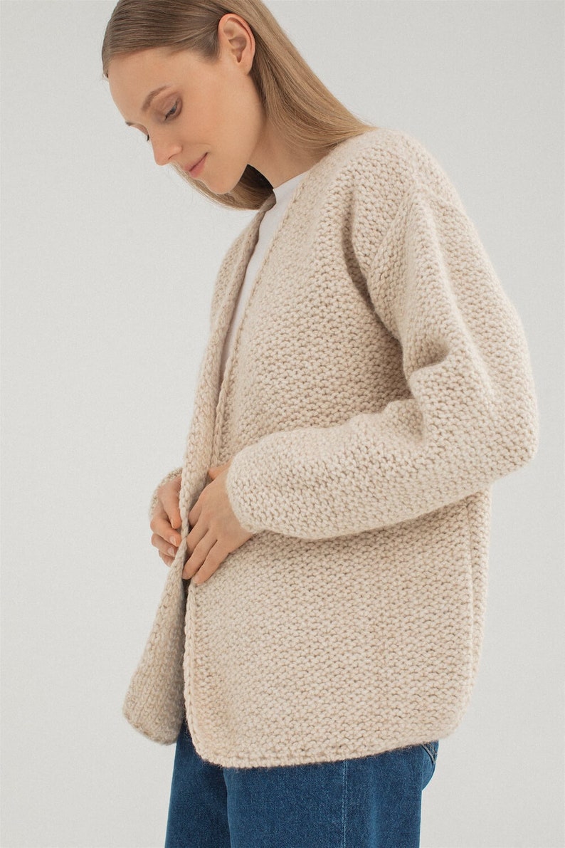 Cropped chunky knit sweater, Vintage wool sweater, Open front relaxed fit cardigan, Women knit warm wool sweater, Alpaca sweater ARIELLE image 4