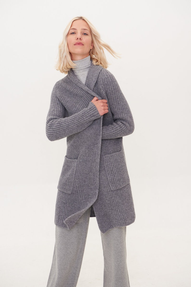 Womens Merino Wool Cardigan, Cashmere Sweater, Organic Wool Long Coat with Pockets, Loose Fit Merino Jacket RIVER image 6