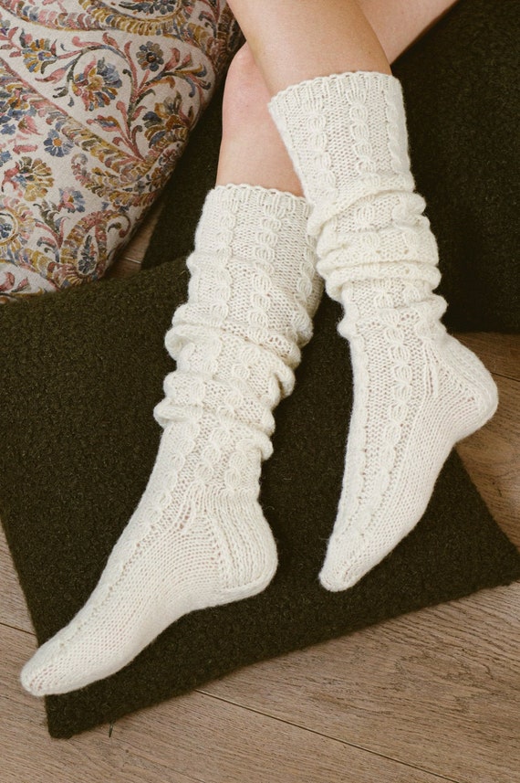 White Natural Wool Socks, Womens High Knee Socks, Vintage Woolen
