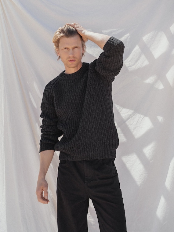 Classic Men Pullover Sweater Black Wool Sweater Crew Neck for Men Scandinavian Style Winter Jumper Merino Wool Pullover TORO Etsy