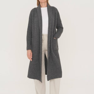 Hand knitted cashmere cardigan, Natural merino wool jacket, Women's long coat with pockets, Warm woolen coat OREGON / dark grey image 2