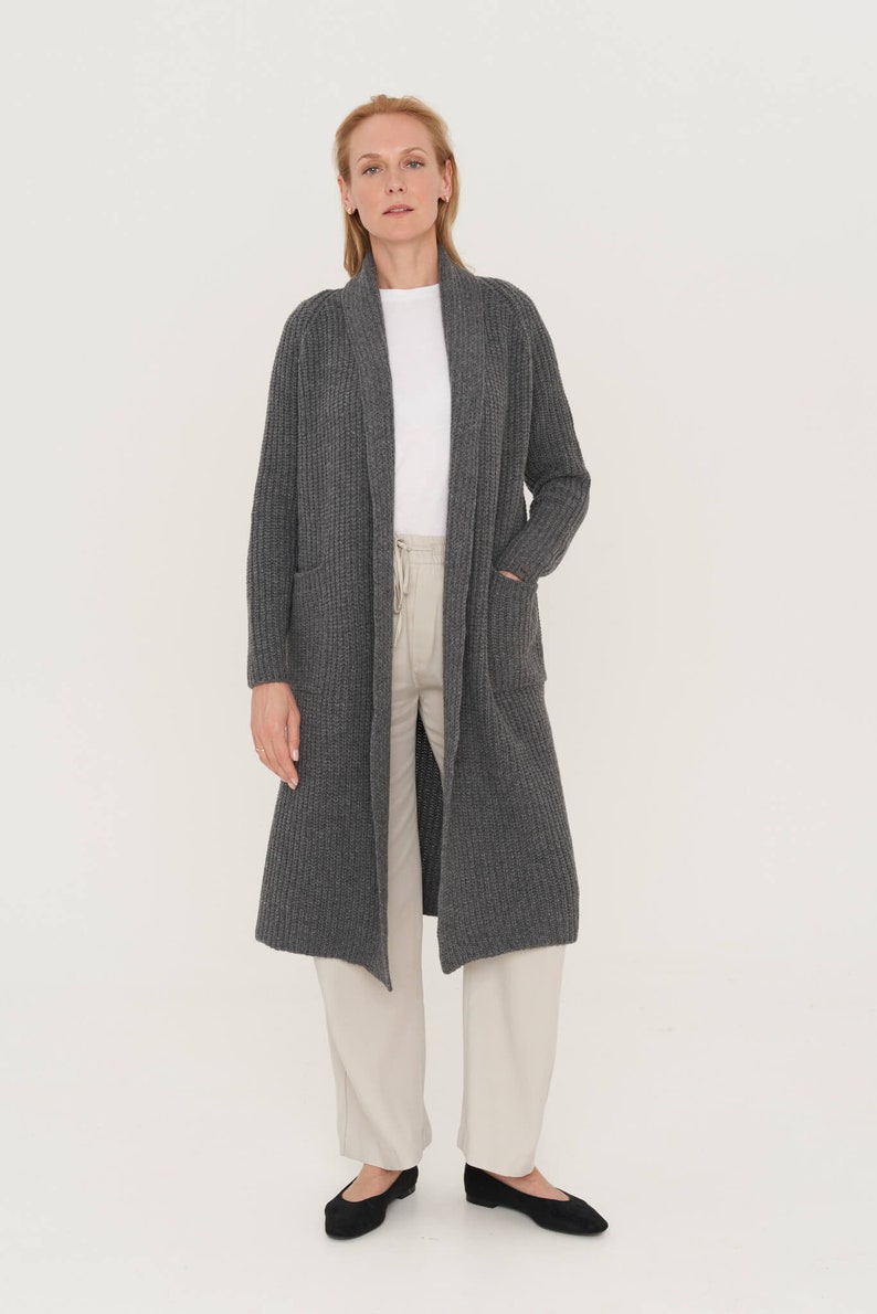 Hand knitted cashmere cardigan, Natural merino wool jacket, Women's long coat with pockets, Warm woolen coat OREGON / dark grey image 2