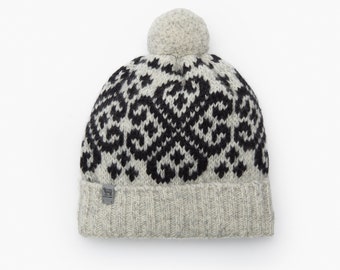 Chunky Woolen Beanie With Gabbana Pattern and Pom, Vintage Knitted Natural Wool Unisex Winter Cap