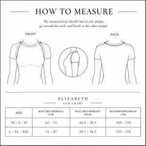 May include: A black and white instructional diagram titled HOW TO MEASURE, showing front and back views of a t-shirt with arrows indicating measurement paths, and an ELIZABETH SIZE CHART with bust circumference in cm and inches and height in cm.