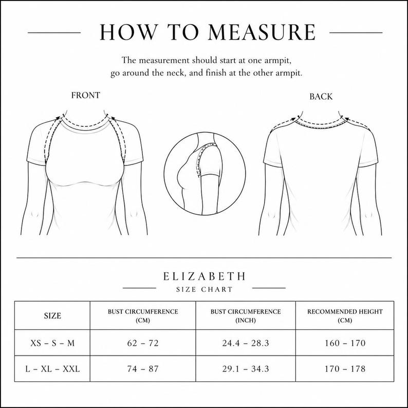May include: A black and white instructional diagram titled HOW TO MEASURE, showing front and back views of a t-shirt with arrows indicating measurement paths, and an ELIZABETH SIZE CHART with bust circumference in cm and inches and height in cm.