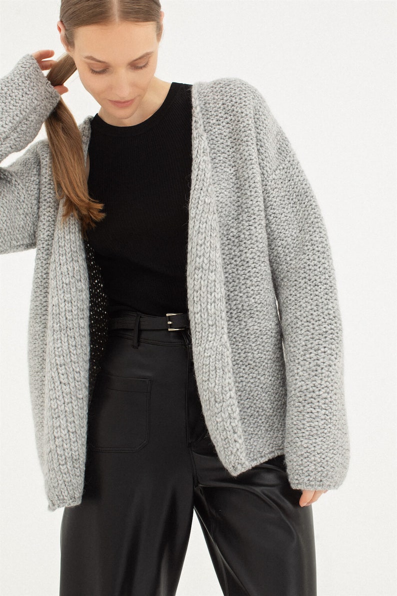 Cropped chunky knit sweater, Vintage wool sweater, Open front relaxed fit cardigan, Women knit warm wool sweater, Alpaca sweater ARIELLE light grey