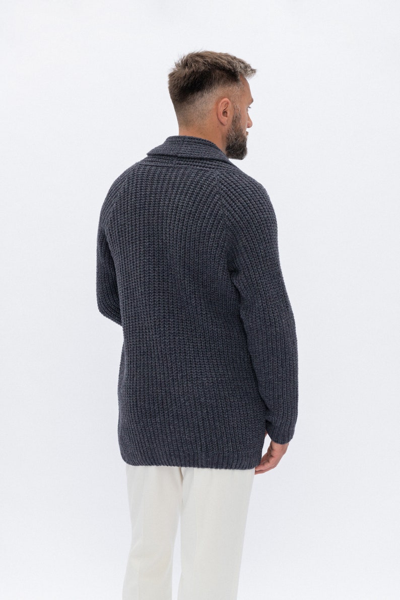 Handmade Cardigan for Men, Dark Gray Color Open Front Sweater in Scandinavian Style, Pure Merino Wool Cardigan for Dad BENJAMIN image 3