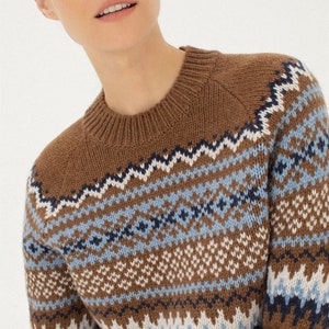 Fair Isle Cashmere Pullover, Brown Merino wool nordic jumper, Women scandinavian style warm sweater, Natural wool knitted pullover VETRA image 8