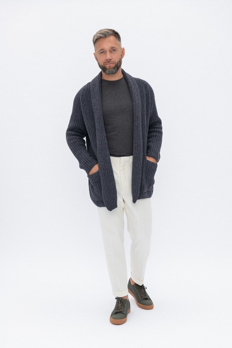 Handmade Cardigan for Men, Dark Gray Color Open Front Sweater in Scandinavian Style, Pure Merino Wool Cardigan for Dad BENJAMIN image 1