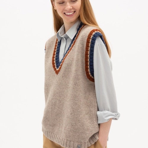 100% Merino Wool Hand Knitted Vest, Scandinavian V-neck Sweater