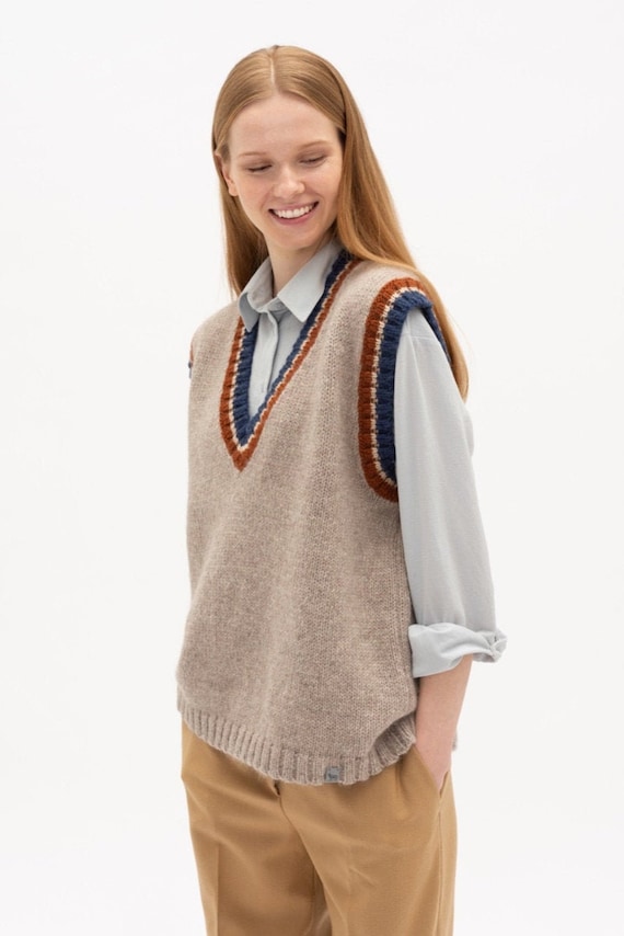 Merino Wool Vest, Knitted Woolen Minimalist Vest, Loose Fit V Neck