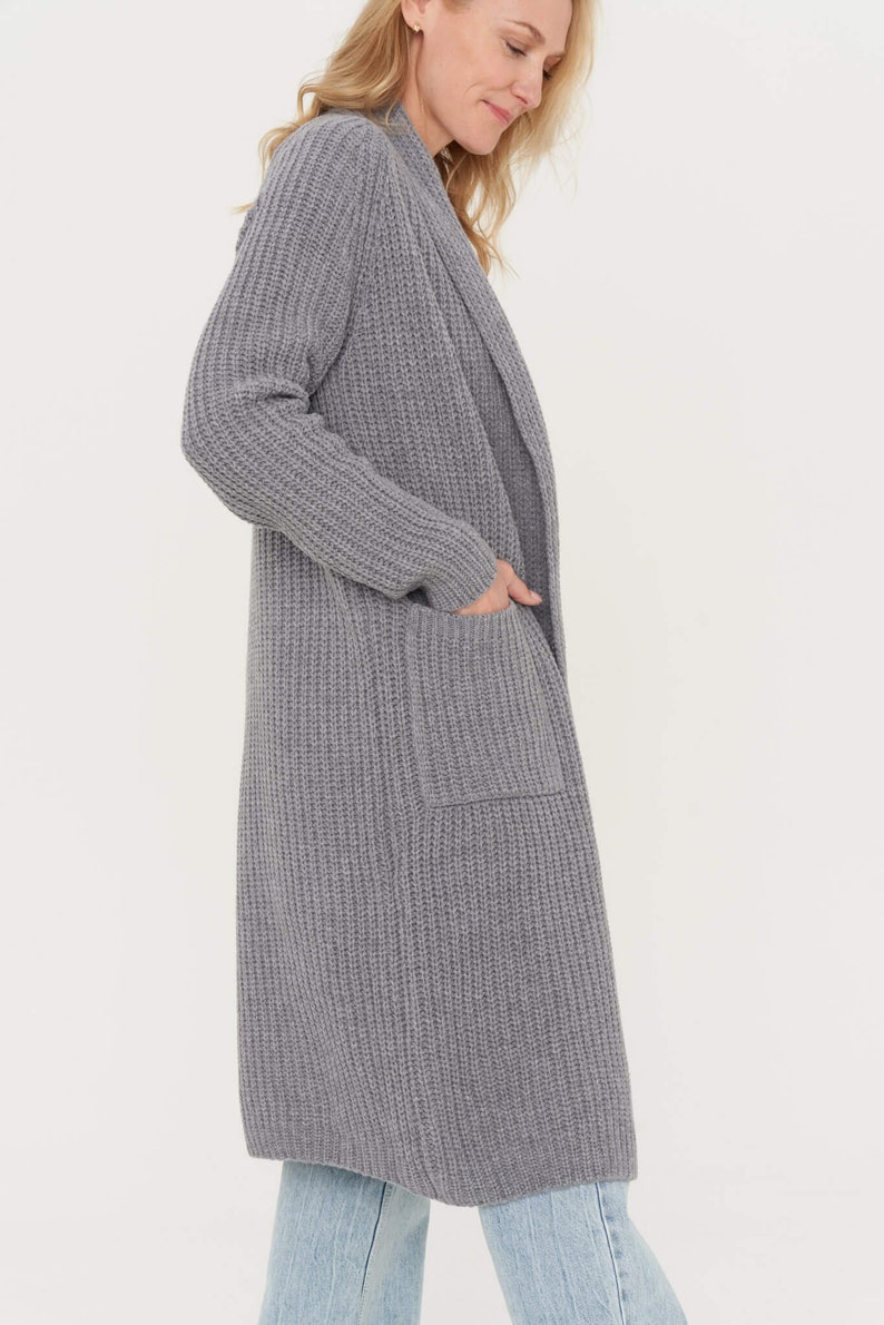 Hand knitted cashmere cardigan, Natural merino wool jacket, Women's long coat with pockets, Warm woolen coat OREGON / dark grey Natural gray