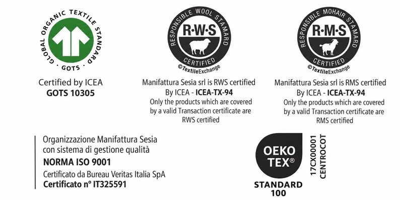 May include: A collection of textile certification logos including GOTS, Responsible Wool Standard, Responsible Mohair Standard, ISO 9001, and OEKO-TEX Standard 100. Text includes Manifattura Sesia srl, ICEA-TX-94, and certificate numbers IT325591 and 17CX00001.