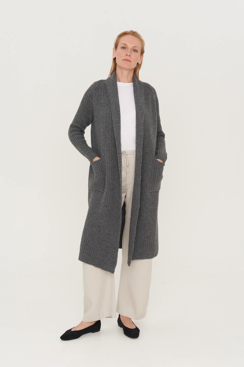 Hand knitted cashmere cardigan, Natural merino wool jacket, Women's long coat with pockets, Warm woolen coat OREGON / dark grey image 3