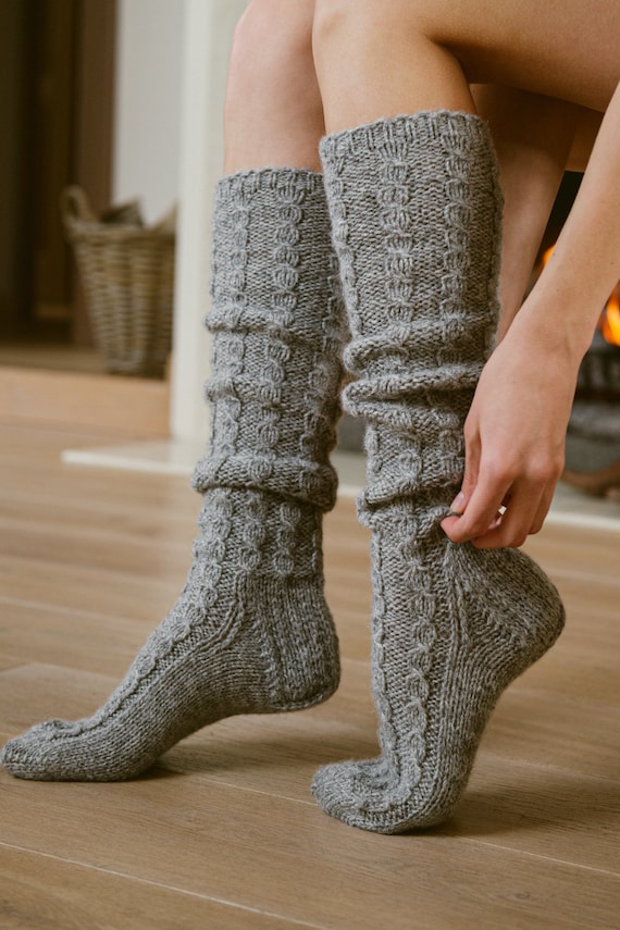 White Natural Wool Socks, Womens High Knee Socks, Vintage Woolen