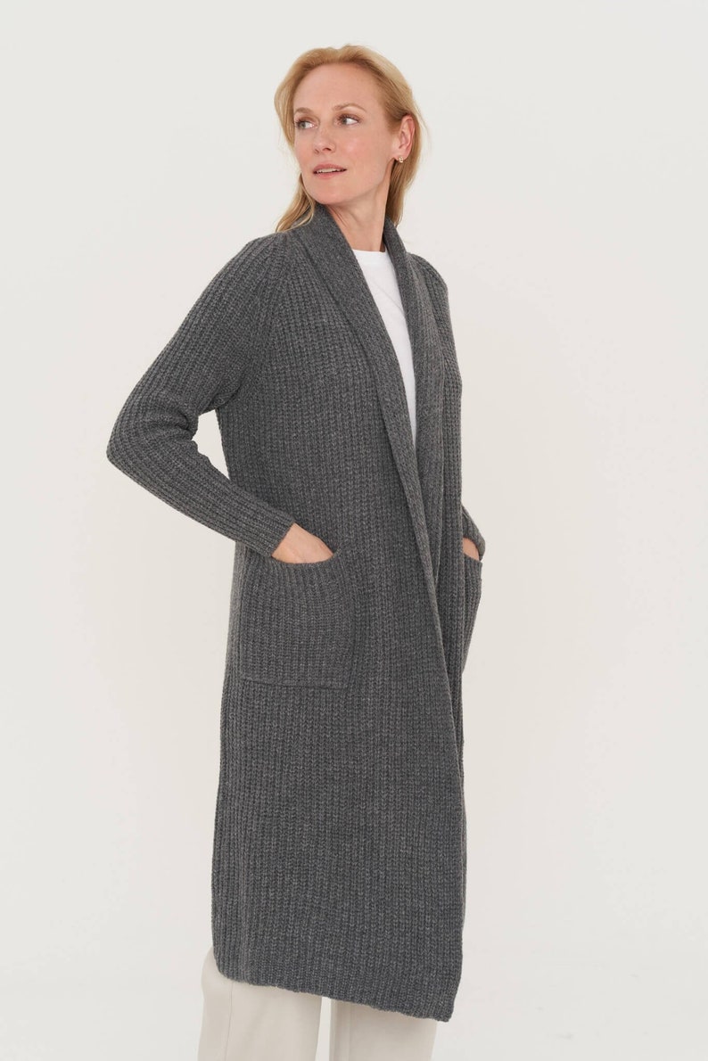 Hand knitted cashmere cardigan, Natural merino wool jacket, Women's long coat with pockets, Warm woolen coat OREGON / dark grey dark grey