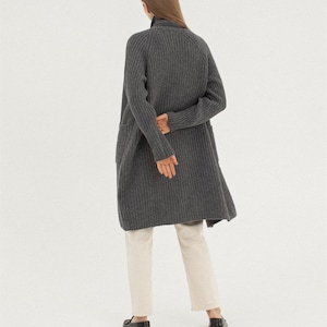 Soft Organic Merino Wool Cardigan with Pockets, Cashmere Long Wool Jacket for Women, RIVER / dark grey image 3