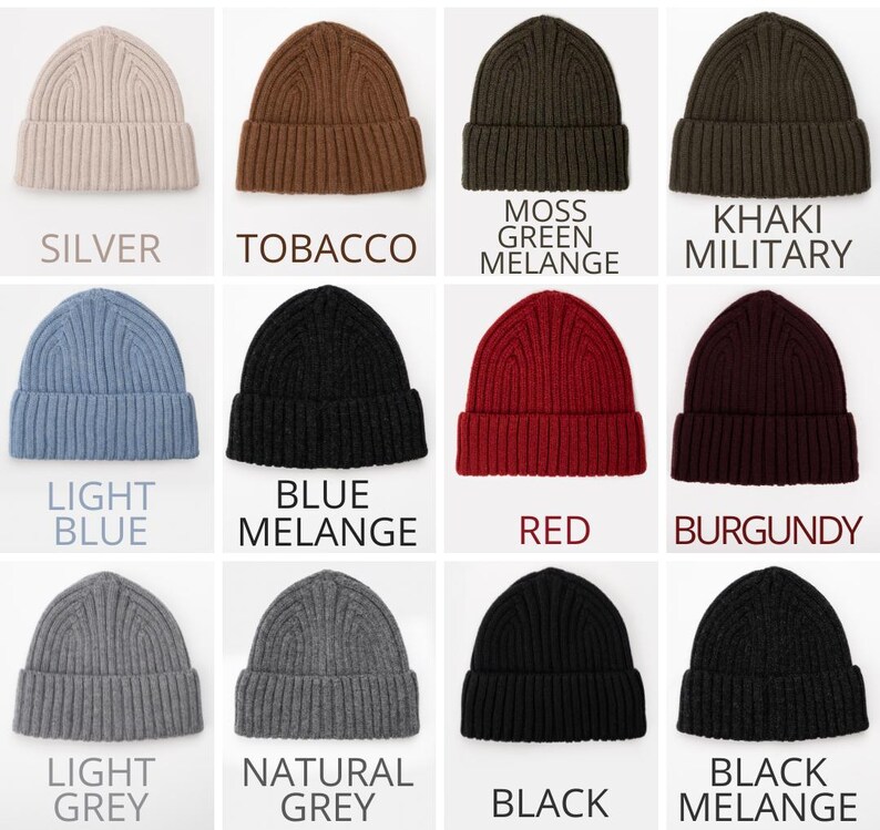 May include: A collection of twelve ribbed knit beanies in various colors including silver, tobacco, moss green melange, khaki military, light blue, blue melange, red, burgundy, light grey, natural grey, black, and black melange with labels.