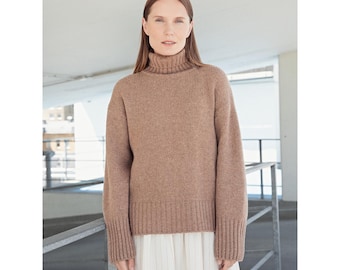 Suéter de cuello alto de punto trenzado marrón, suéter de cuello alto de lana merino y cachemira, jersey marrón caramelo / VITA