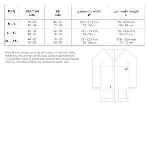 May include: Size chart for knitwear garments in men's sizes. The chart shows the corresponding US/Canadian, EU, and garment measurements in inches and centimeters. The chart also includes a diagram of a garment with labels for width and length.