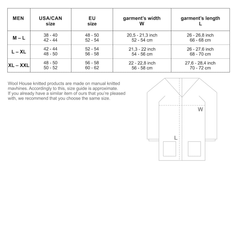 May include: Size chart for knitwear garments in men's sizes. The chart shows the corresponding US/Canadian, EU, and garment measurements in inches and centimeters. The chart also includes a diagram of a garment with labels for width and length.