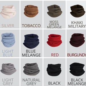 May include: A grid of twelve knitted neck warmers in various colors including silver, tobacco, moss green melange, khaki military, light blue, blue melange, red, burgundy, light grey, natural grey, black, and black melange, each labeled with its color name.