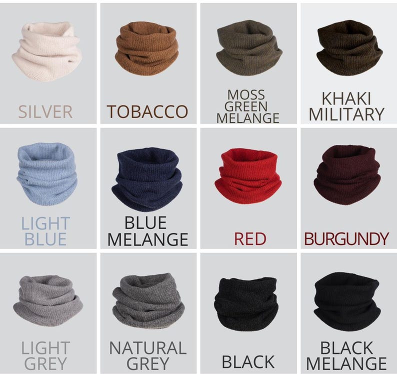 May include: A grid of twelve knitted neck warmers in various colors including silver, tobacco, moss green melange, khaki military, light blue, blue melange, red, burgundy, light grey, natural grey, black, and black melange, each labeled with its color name.