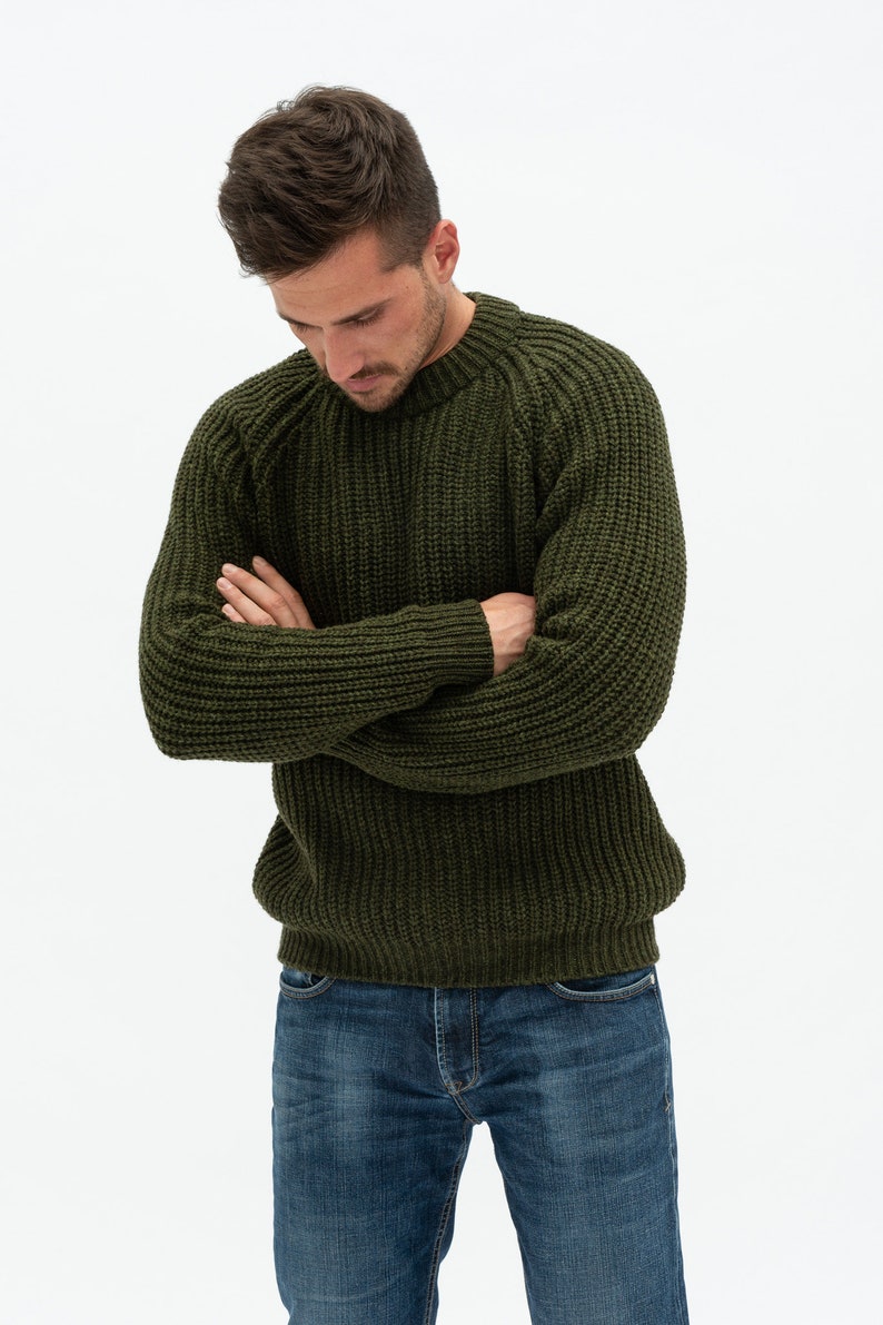 Natural Merino Wool Light Melange Sweater for Man, Knitted Mens Sweater in Scandi Style, Hand Knitted Pullover Sweater TORO / light melange khaki