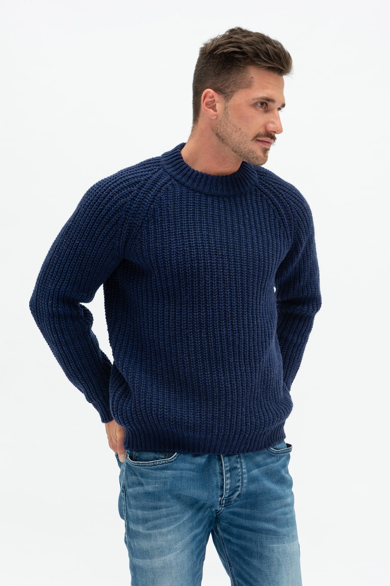 Natural Merino Wool Light Melange Sweater for Man, Knitted Mens Sweater in Scandi Style, Hand Knitted Pullover Sweater TORO / light melange dark blue