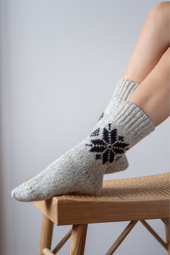 Gray Natural Wool Boots Socks, Scandinavian Hygge Hand Knitted Wool Socks,  Unisex Woolen Socks, Natural Wool Christmas Socks 