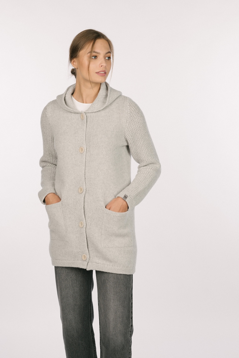 Oversized Knitted Merino Coat, Vintage Style Women's Cardigan With Hood, Honeycomb Sleeves and Pockets AMELIA image 7