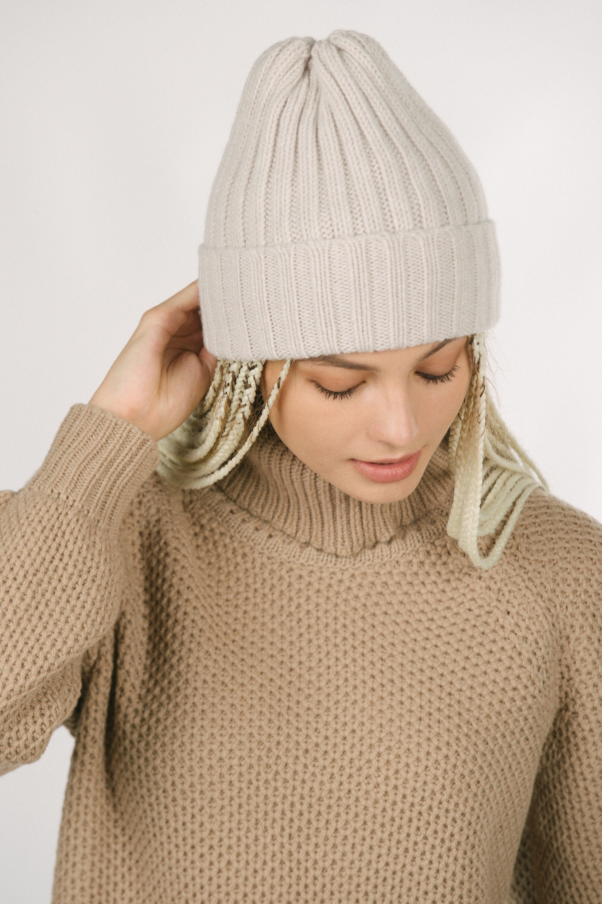 Natural Merino Wool Cap, Beige Winter Hand Knit Warm Beanie, Minimalist Vintage Natural Wool Hat, Woolen Women's Head Accessories