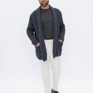 Soft Merino Wool Men's Cardigan, Hand Knitted Woolen Sweater, Open Front Cardigan for Man in Light Melange BENJAMIN graphite