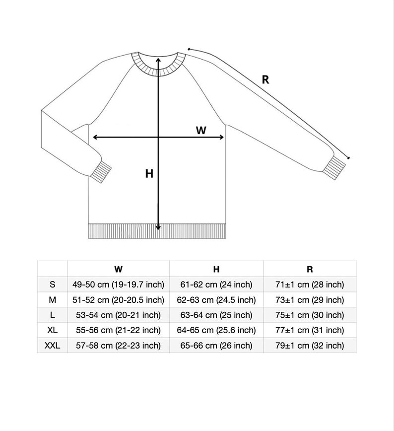 Puede incluir: Una tabla de tallas para un su&eacute;ter con medidas en pulgadas y cent&iacute;metros. La tabla muestra el ancho, la altura y la longitud de la manga para las tallas S, M, L, XL y XXL.
