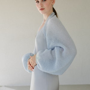 White Wedding Bolero Shrug, Bridal Cover Up, Hand Knitted Soft Superkid Mohair Shrug, Wedding Mohair Knitted Shrug / ELIZABETH Pale Blue