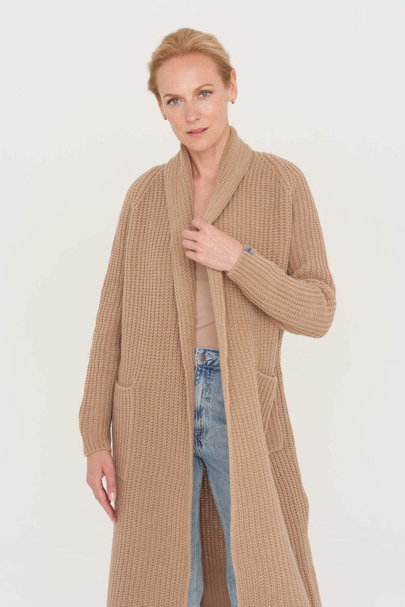Womens Woolen Long Cardigan Light Brown 