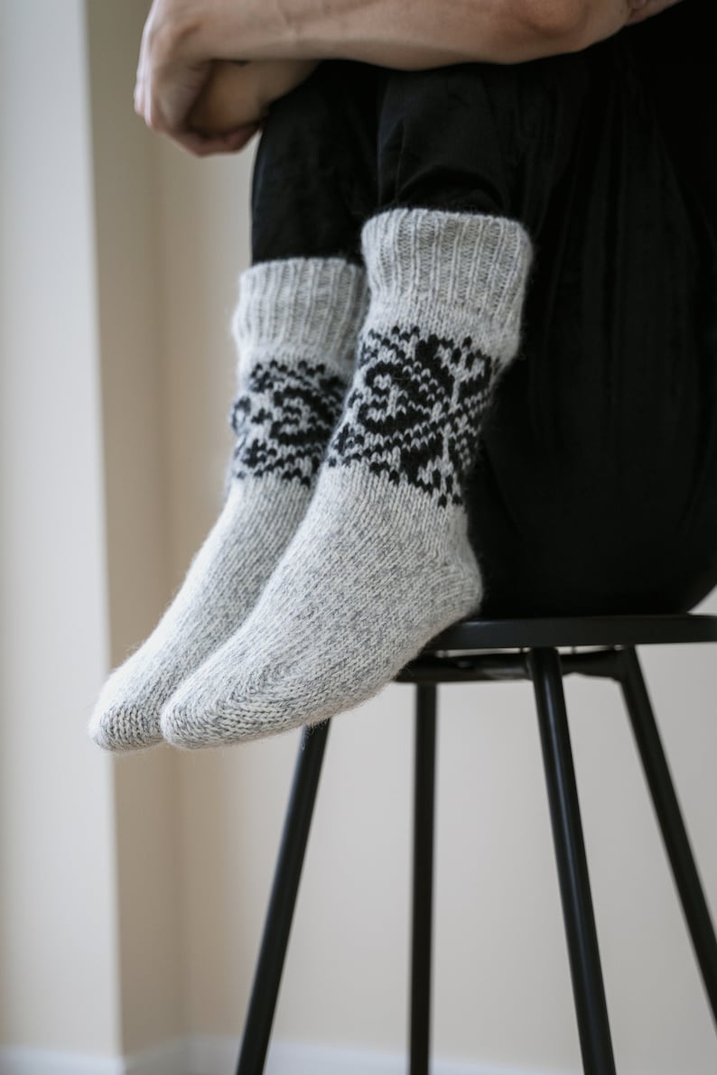 Ready to Ship Unisex Natural Wool Socks, Knitted Boots Socks, Woolen Scandinavian Socks with Ornaments, Christmas Gift idea light melange