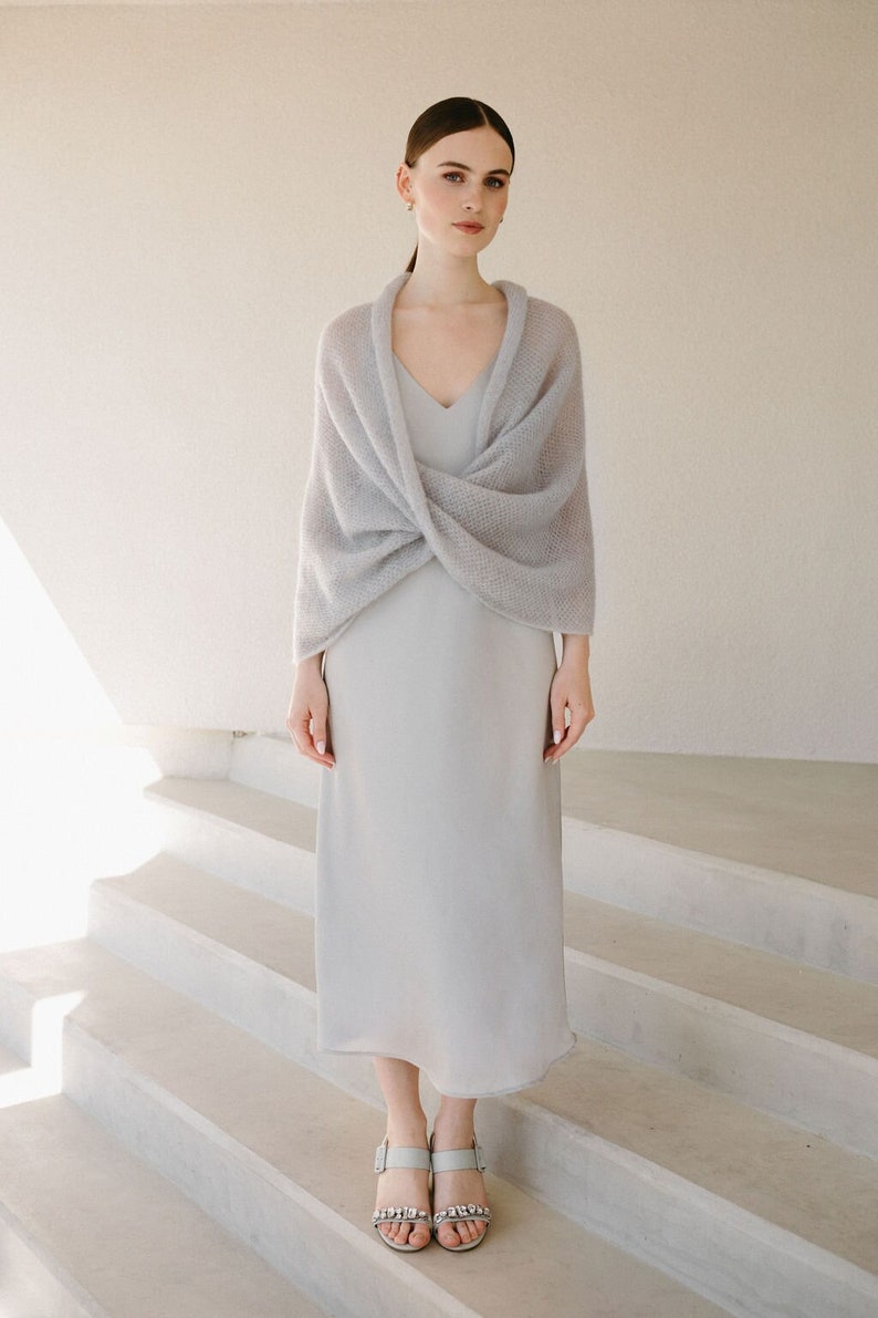 Modern Wedding Wrap Shrug, Elegant Knitted Bolero, Wedding Wrap Cape, Bridal Knitted Shrug, Mohair Wrap Shawl / MAGNOLIA Light Gray